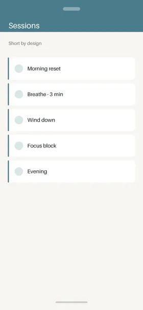 A list of short sessions including Morning reset, Breathe and Wind down